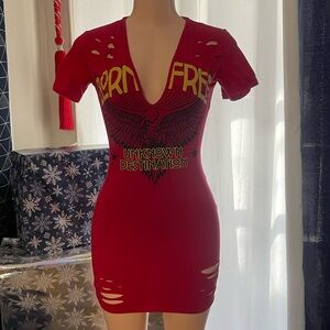 Born Free distressed JNK Y2K bodycon Red Graphic Women's Dress Small